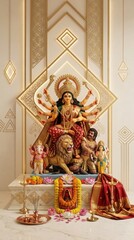 Fototapeta premium Goddess Durga idol decorated for Durga Puja festival with traditional lamps