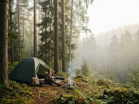 Camping in foggy pine forest with tent and campfire