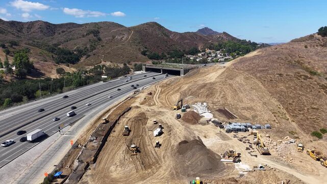 CALIFORNIA - 9.22.2026 - Terrific aerial footage moving up California's Highway 101 towards the construction site of the Wallis Annenberg Wildlife Crossing.