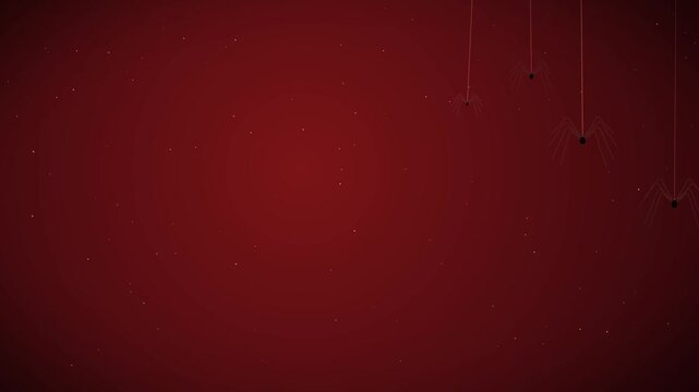 Spooky animated spiders dropping and rising on webs over dark red background with subtle particles halloween