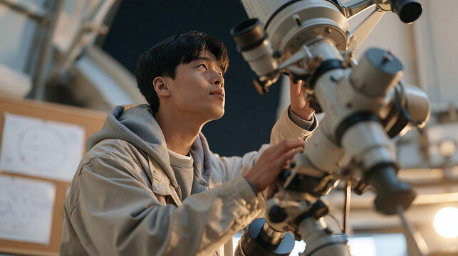 A Mongolian astronomy student adjusting the controls of a large optical telescope mounted inside a campus observatory dome, star charts pinned to a corkboard behind the eyepiece