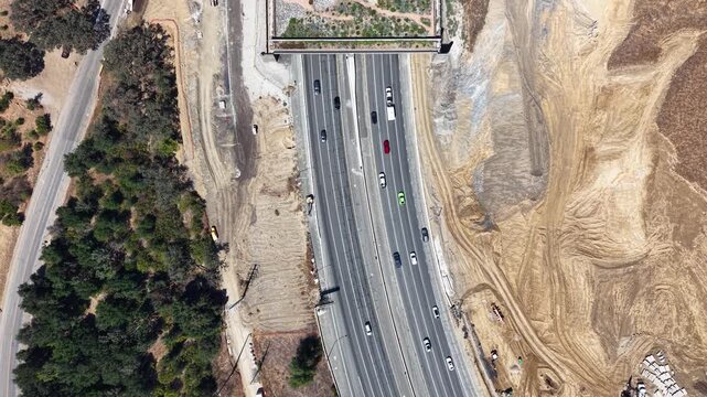 CALIFORNIA - 9.22.2026 - Remarkable aerial footage moving up California's Highway 101, passing over the Wallis Annenberg Wildlife Crossing still under construction.