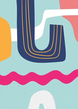 Colorful retro abstract collage with u-shape pink wave and teal blocks