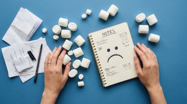 Creative Top Down View Of A Sad Note And Marshmallows On Blue Background