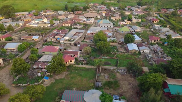 GAMBIA - 12.19.2025 - Excellent aerial panorama of housing in the village of Kuntaur, Gambia.