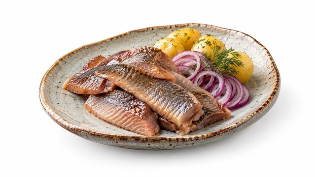 Smoked herring fish Reyktur sild fillet, traditional Icelandic seafood isolated on white background