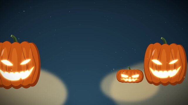 Festive animated halloween pumpkins with glowing faces and subtle particle movement against a night sky background