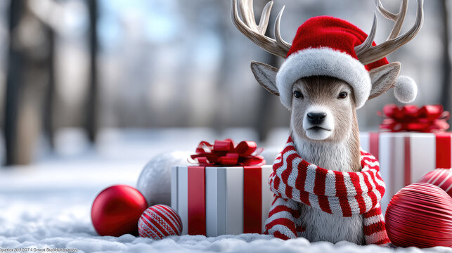 Reindeer wearing a red santa hat and a festive striped scarf standing in fresh snow, surrounded by christmas presents and ornaments, creating a joyful holiday scene