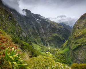 Steep green mountain valley with rocky cliffs and a winding stream creates a lush wilderness landscape ideal for hiking, adventure, travel and nature themes. © UQink