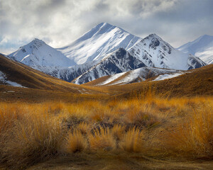 Snow-covered mountain peaks rise beyond golden grass beneath dramatic clouds, creating a rugged alpine landscape ideal for travel, hiking and wilderness themes. © UQink
