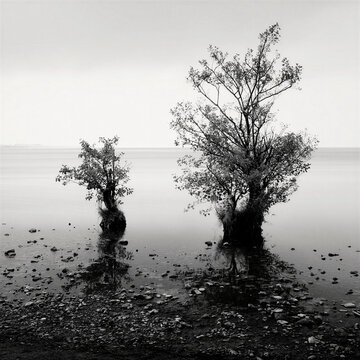 Two leafless trees stand in shallow water in a misty monochrome landscape, creating a quiet minimalist scene with reflection, solitude and fine-art appeal.