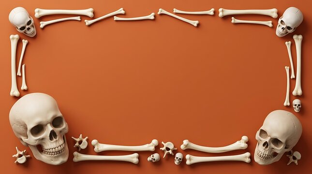 Halloween flat lay frame with human skulls and bones on orange background