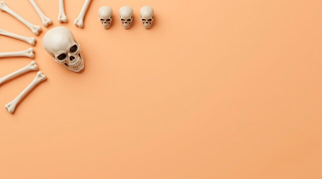 Human skull and bones arranged in a flat lay on a peach background