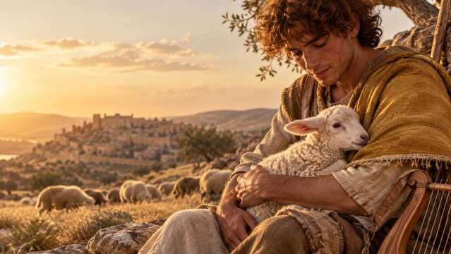 Jesus holding a lamb among grazing sheep near an ancient hillside town. Good Shepherd biblical story. Christian faith, care and compassion. Religious art and scripture illustration.
