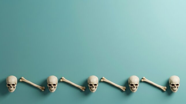 Human skulls and bones arranged in a row on a teal background