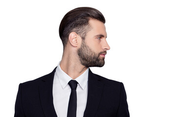 Side half-faced profile portrait of stunning smart clever rich stylish trendy stock marketer broker bureaucrat looking aside wearing white shirt black jacket isolated on gray background copy-space © deagreez