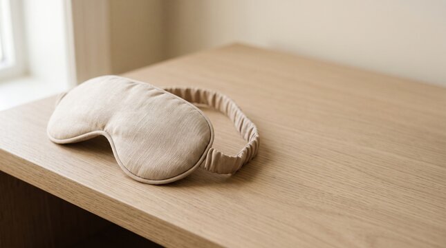 Beige sleep mask on wooden bedside surface
