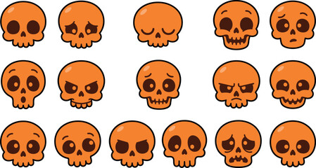 Obraz premium Collection of orange cartoon skulls arranged in a grid pattern on white background