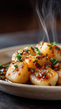 Steaming cuban yuca with aromatic mojo sauce, garnished with fresh herbs and chili flakes, offering a close-up view of this traditional savory caribbean dish