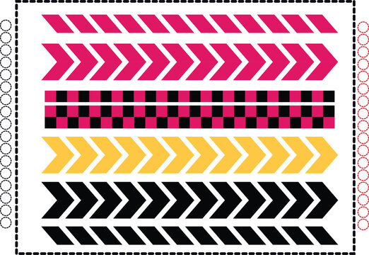 Decorative Chevron Arrow Strips and Checkerboard Borders in Pink, Yellow and Black Geometric Design