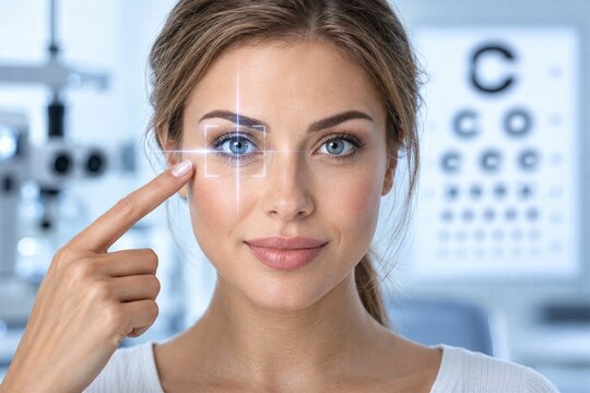 Woman Pointing to Eye with Digital Scan Overlay in Optometry Clinic, Vision Test, Biometric Eye Tracking, Ophthalmology, Eye Health, Visual Acuity and Advanced Diagnostic Technology Concept