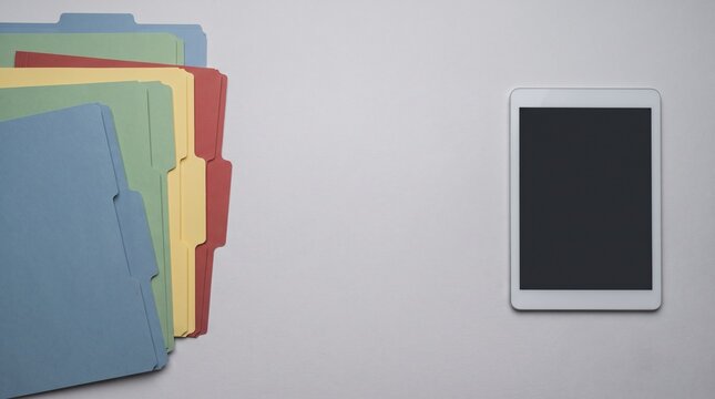 Digital transformation and paperless office concept with colorful file folders and tablet computer on white desk background with copy space for business document management