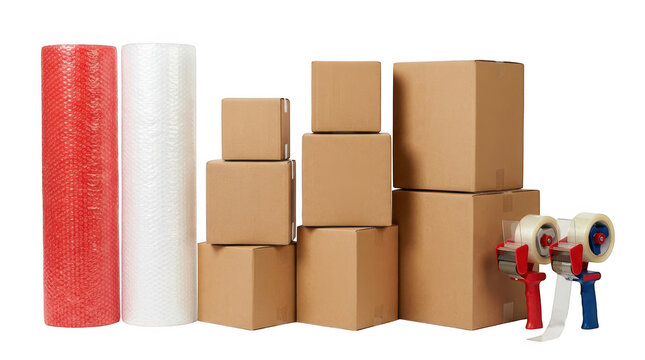 Cardboard boxes, bubble wrap rolls, and tape dispensers isolated on transparent background