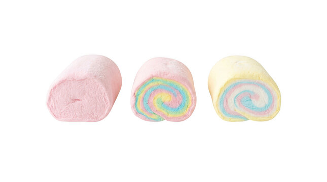 Three colorful marshmallow rolls isolated on transparent background