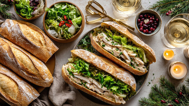 Christmas flat lay presenting salvadoran pan con pavo sandwiches with fresh salad, bread, and festive decor, offering a holiday meal setup