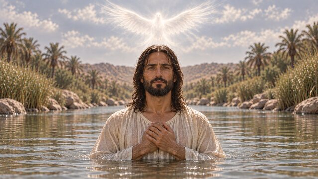 Jesus Christ baptized in a river beneath a dove. Biblical baptism and the descent of the Holy Spirit. Christian faith, salvation and renewal. New Testament Gospel illustration.