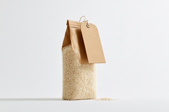 Transparent Plastic Bag of Rice with Blank White Card Paper Price Tag Mockup Hanging on String Isolated on White Background Product Cost Concept