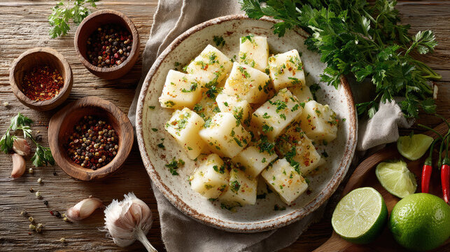 Cuban yuca con mojo criollo, a traditional savory appetizer or side dish featuring boiled cassava root, seasoned with fresh parsley, garlic, and zesty lime