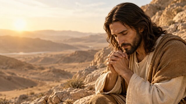 Jesus Christ praying on a rocky hillside in the wilderness. Biblical devotion and Christian faith. Prayer, worship and spiritual reflection. New Testament scripture illustration.
