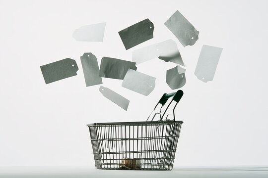 Miniature Metal Shopping Cart with Flying Blank White Price Tags on White Background High Cost Retail Inflation Concept