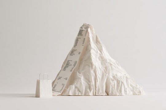 Miniature White Paper Shopping Bag and Long Receipt Roll on Crumpled Paper Mountain Peak High Expenses Retail Inflation Concept