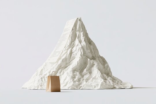 Miniature White Paper Shopping Bag and Long Receipt Roll on Crumpled Paper Mountain Peak High Expenses Retail Inflation Concept