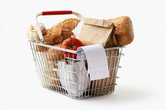 Metal Wire Shopping Basket Filled with Fresh Bread Vegetables and Purchase Receipt Isolated on White Background Grocery Food Inflation Concept