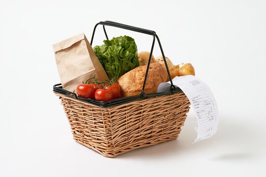 Metal Wire Shopping Basket Filled with Fresh Bread Vegetables and Purchase Receipt Isolated on White Background Grocery Food Inflation Concept