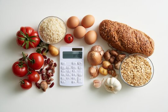 Fresh Grocery Products and Vegetables Surrounding White Electronic Calculator on Table High Cost of Food Shopping Budget Inflation Concept