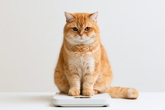 Chubby Ginger Cat Sitting on Weight Scale Isolated on White Background Overweight Fluffy Pet Obesity and Diet Concept