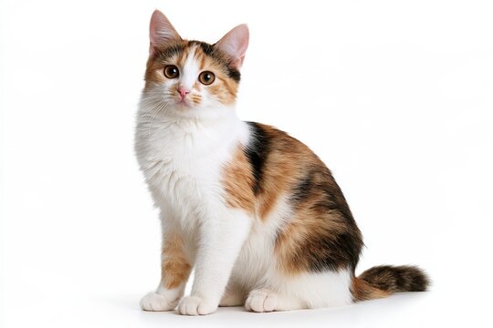 Beautiful Calico Cat Sitting Full Body Isolated on White Background Longhair Tricolor Fluffy Cat Portrait Domestic Pet Concept
