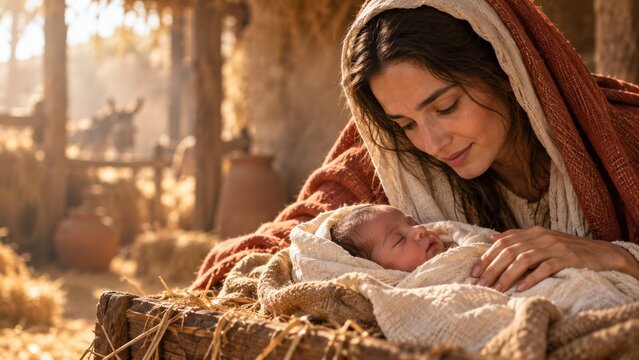 Mary watches over infant Jesus in a manger. Nativity of Jesus Christ. Biblical birth story and Christian faith. Christmas celebration, salvation and hope. Religious storytelling