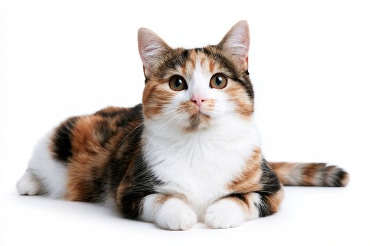 Beautiful Calico Cat Sitting Full Body Isolated on White Background Longhair Tricolor Fluffy Cat Portrait Domestic Pet Concept