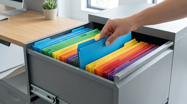 Filing cabinet drawer with colorful folders and hand pulling blue file for efficient business organization and document management in modern office