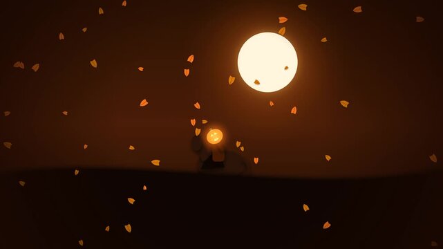 Headless horseman riding a horse under a full moon in a papercut style Halloween animation