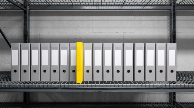Yellow binder standing out from gray folders on industrial metal shelf for business organization and leadership uniqueness concept in office archive storage room with concrete wall