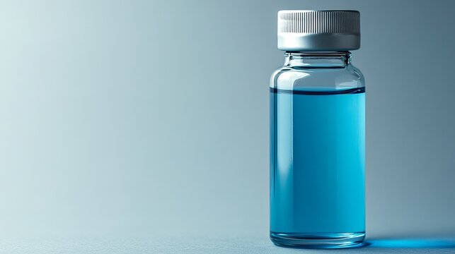 Clear blue liquid contained within a glass bottle stands upright against a gradient background, portraying pharmaceutical concept