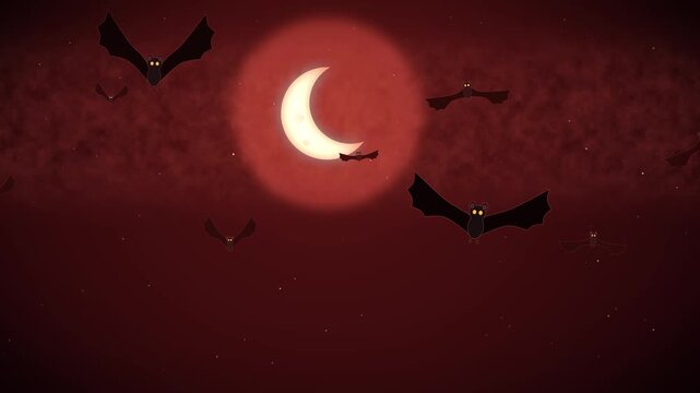 Spooky halloween cartoon bats flying through a dark red night sky with a crescent moon animation