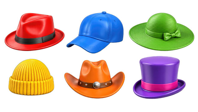 Six isolated vibrant hats including fedora, baseball cap, sun hat, beanie, cowboy hat, and top hat, ideal for fashion and costume design.