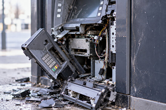Damaged ATM with exposed wires and broken panels on street